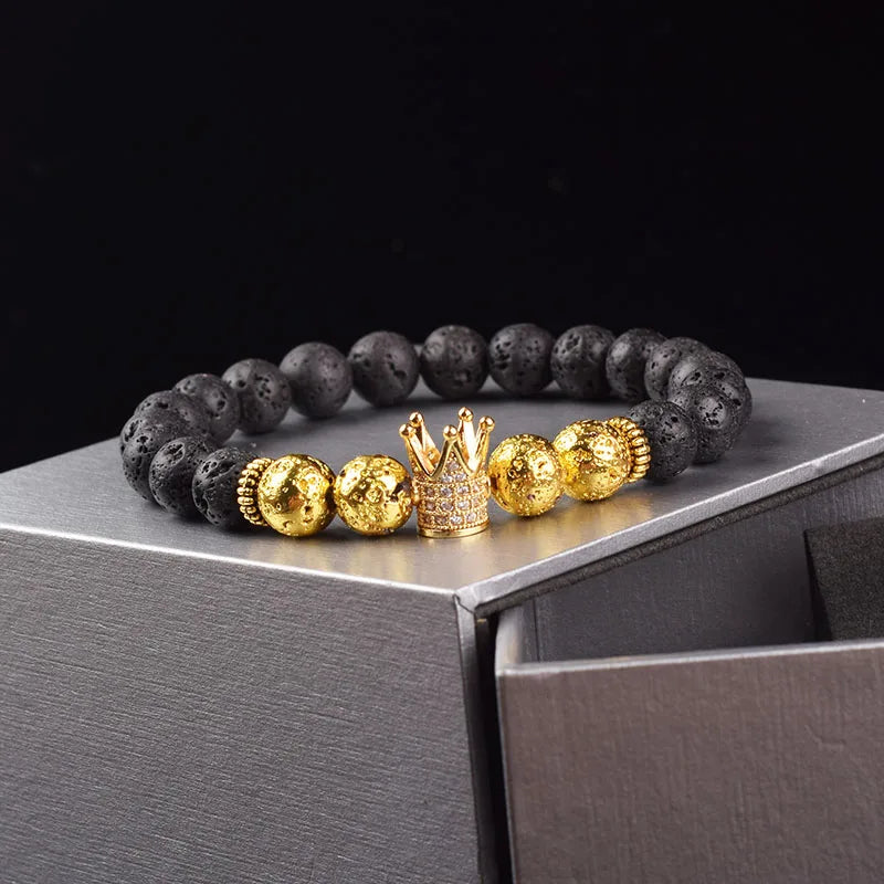 Luxury Gold Color Volcano Stone Crown Charm Bracelet