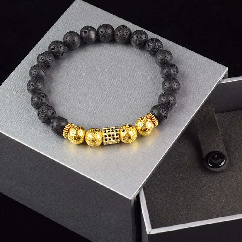 Luxury Gold Color Volcano Stone Crown Charm Bracelet